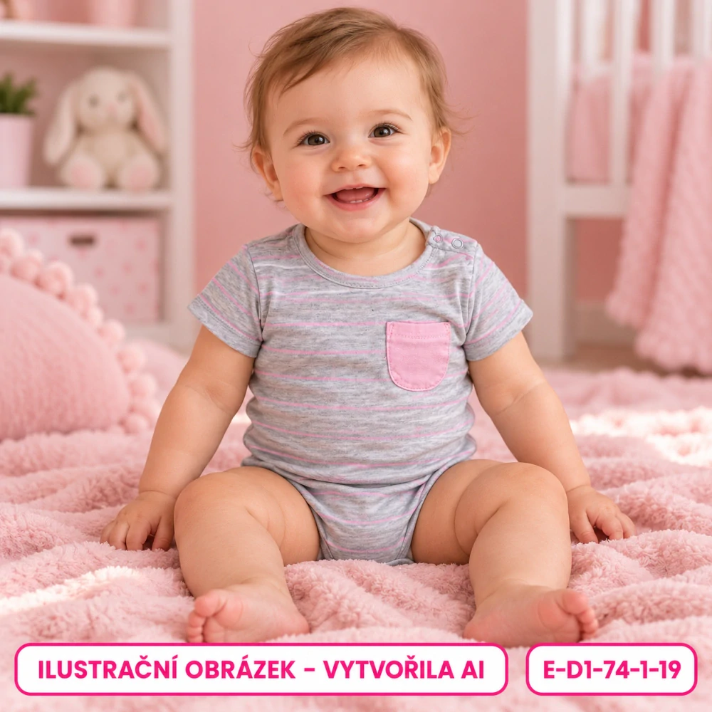 Dívčí šedé pruhované body s růžovou kapsičkou, vel. 74