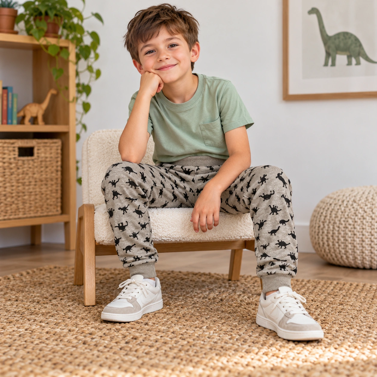 Šedobéžové tepláky s dinosaury, vel. 122