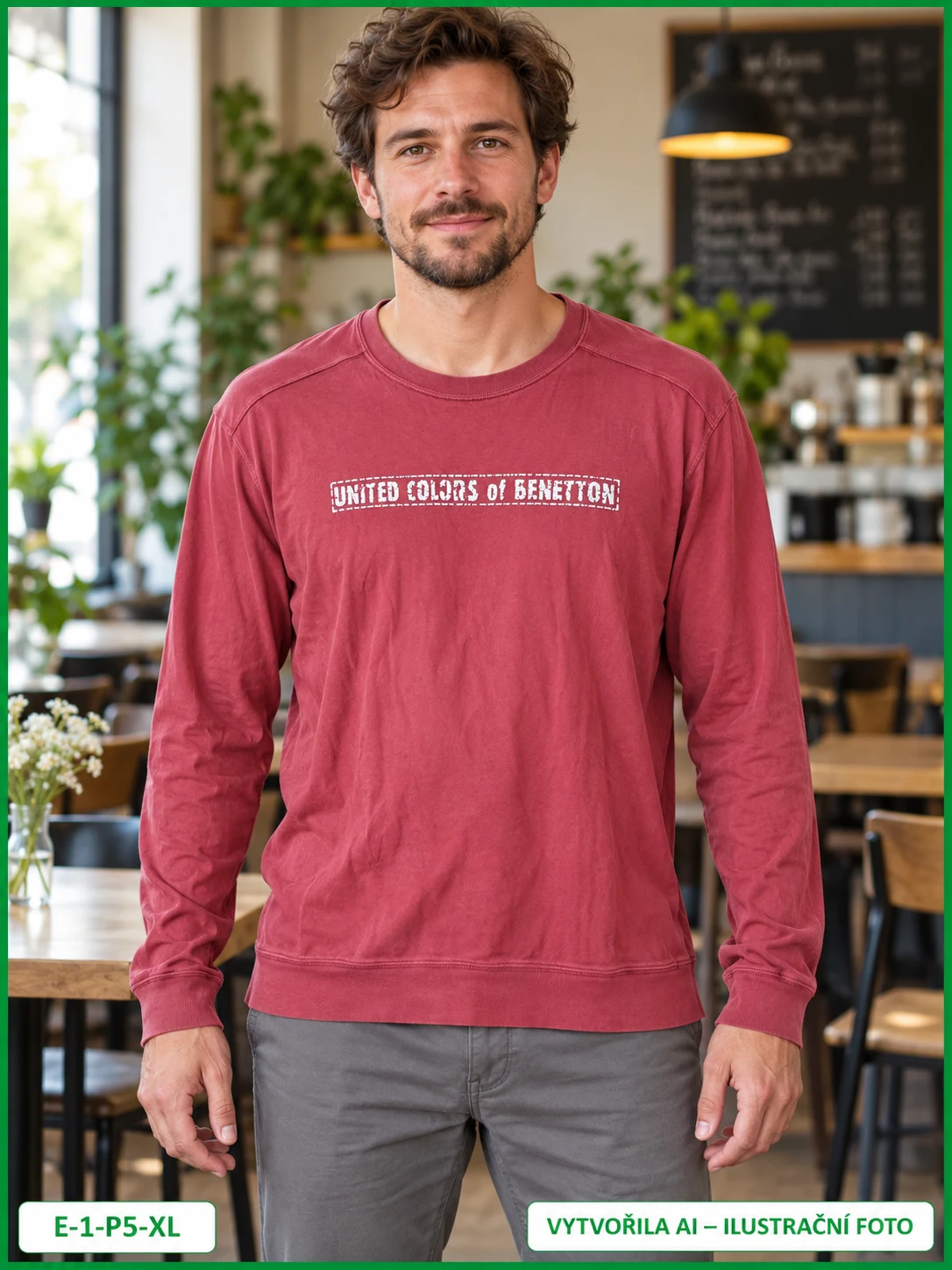 Pánské červené triko Benetton s dlouhým rukávem, vel. XL