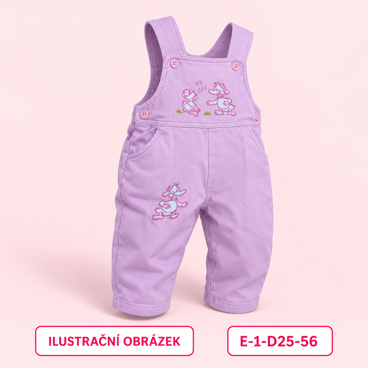 Dívčí růžovo-fialové lacláče s výšivkou zvířátek, vel. 56