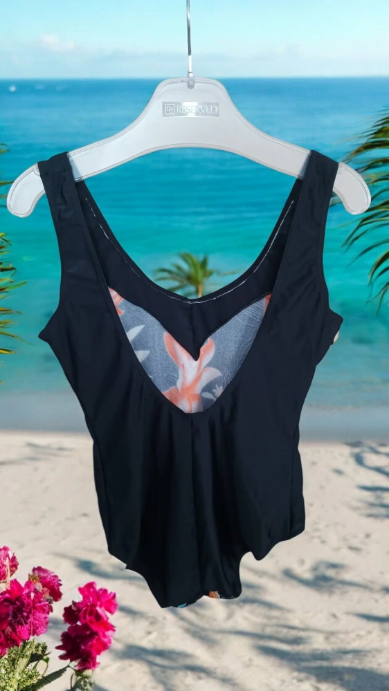 Plavky jednodílné - černé s květinami - velikost XL