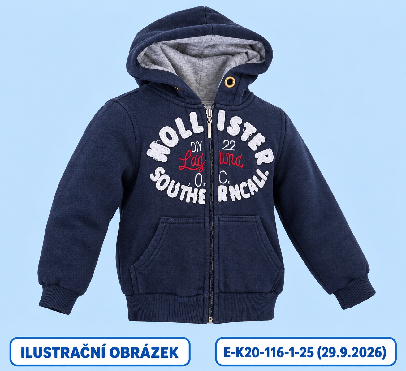 Tmavě modrá mikina na zip s kapucí, vel. 116