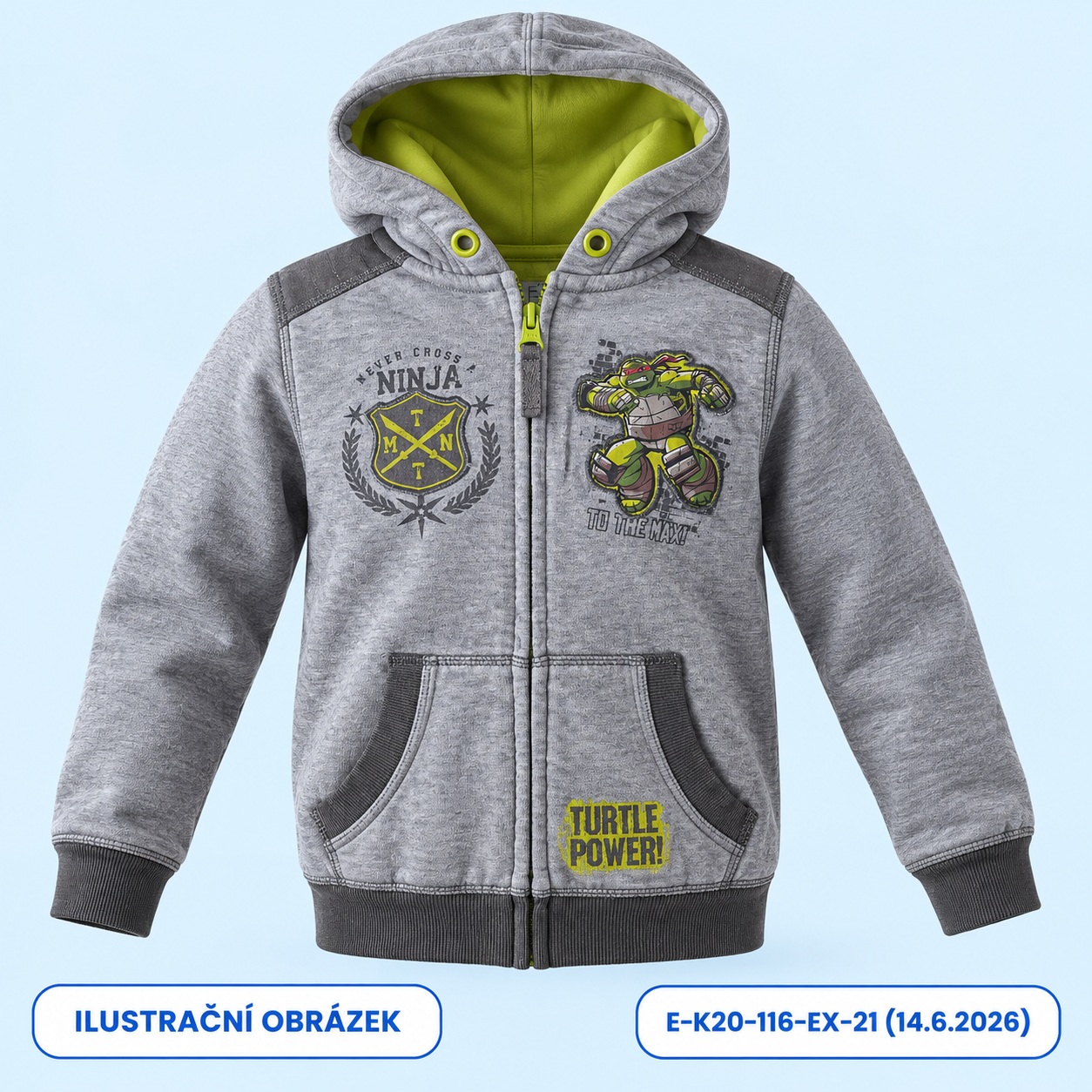 Šedá mikina Ninja na zip s kapucí, vel. 116