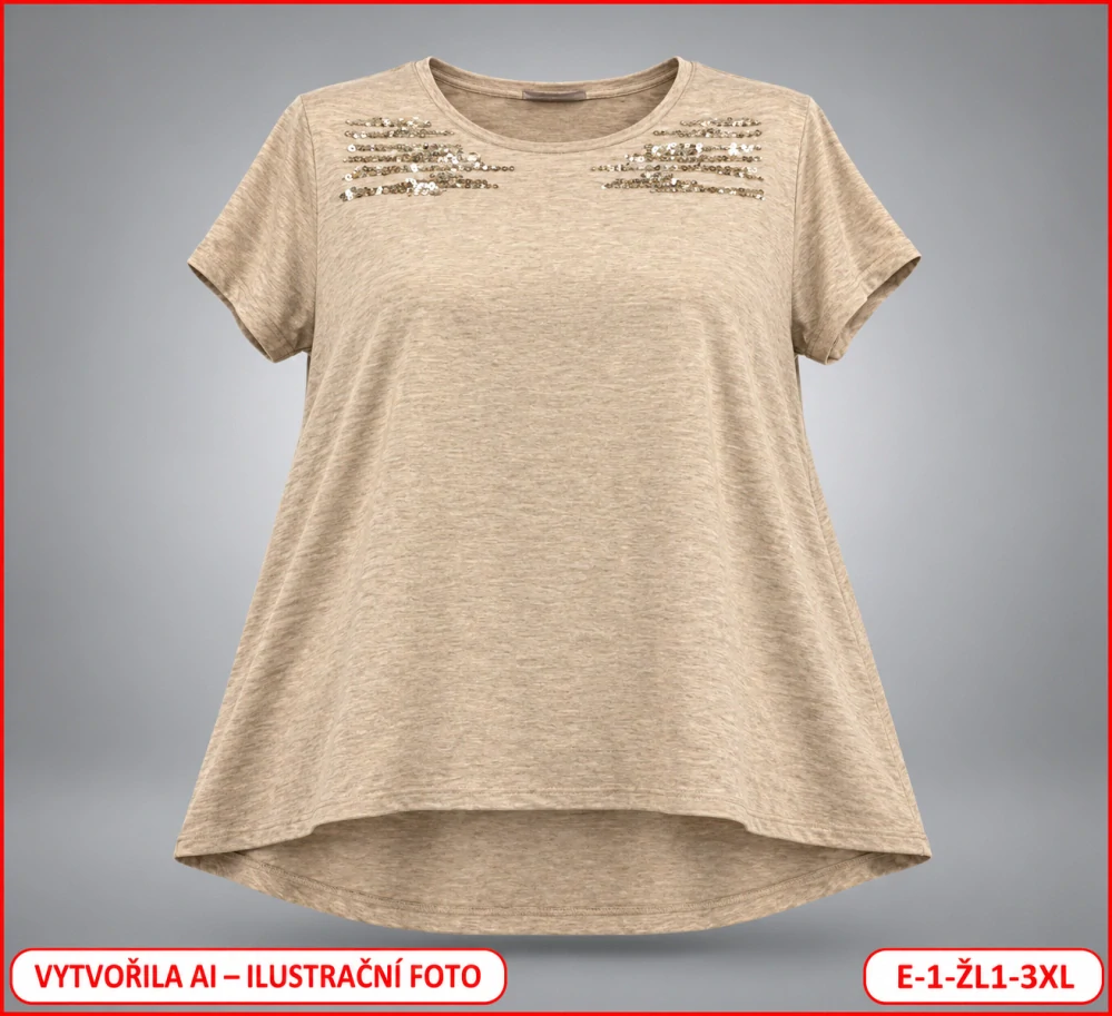 Dámské béžové melírované tričko s flitry – vel. 3XL