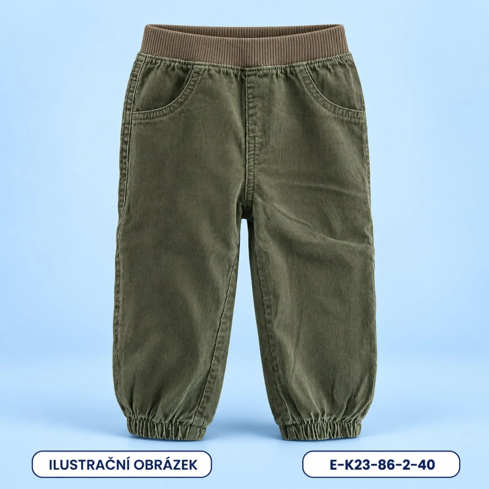 Khaki manšestrové kalhoty s pružným pasem, vel. 86