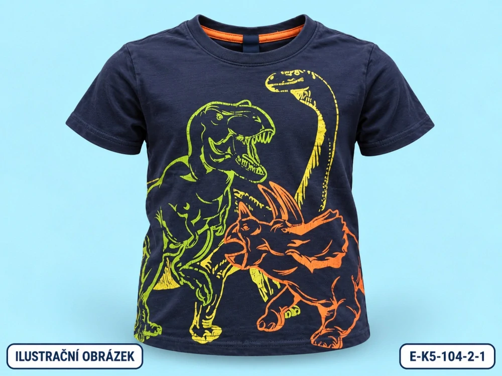 Tmavomodré triko s barevnými dinosaury, vel. 104