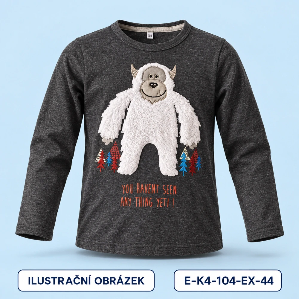 Tmavošedé triko s Yetim vpředu i vzadu, vel. 104