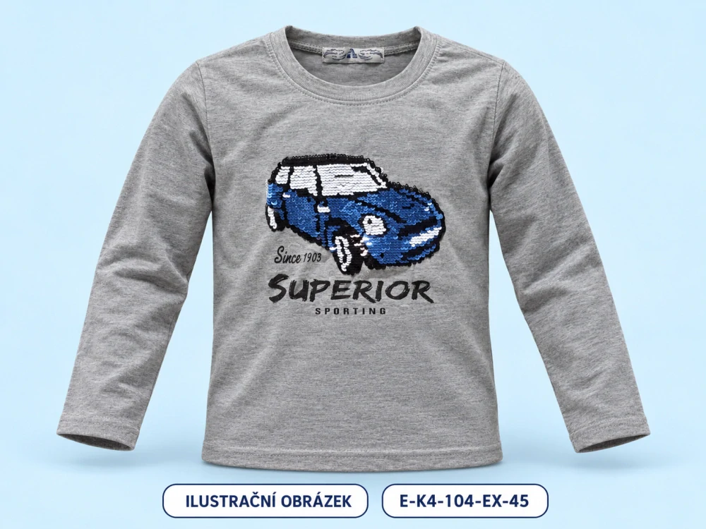 Šedé triko s modrým flitrovým autem, vel. 104